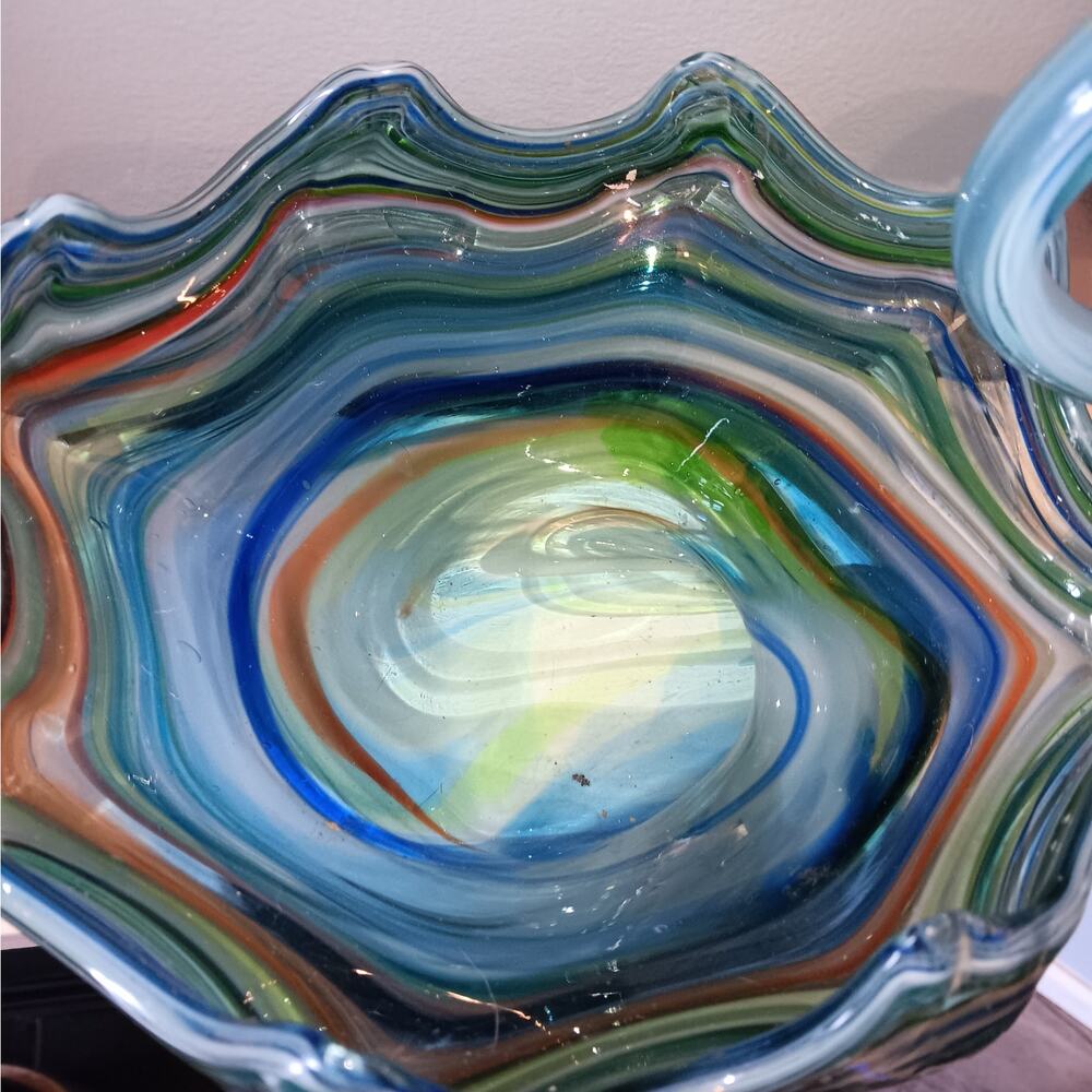 EUC Vintage Blown Multicolor Swirl Tubular Neck Glass Swan Bowl/Candy Dish - Picture 3 of 3